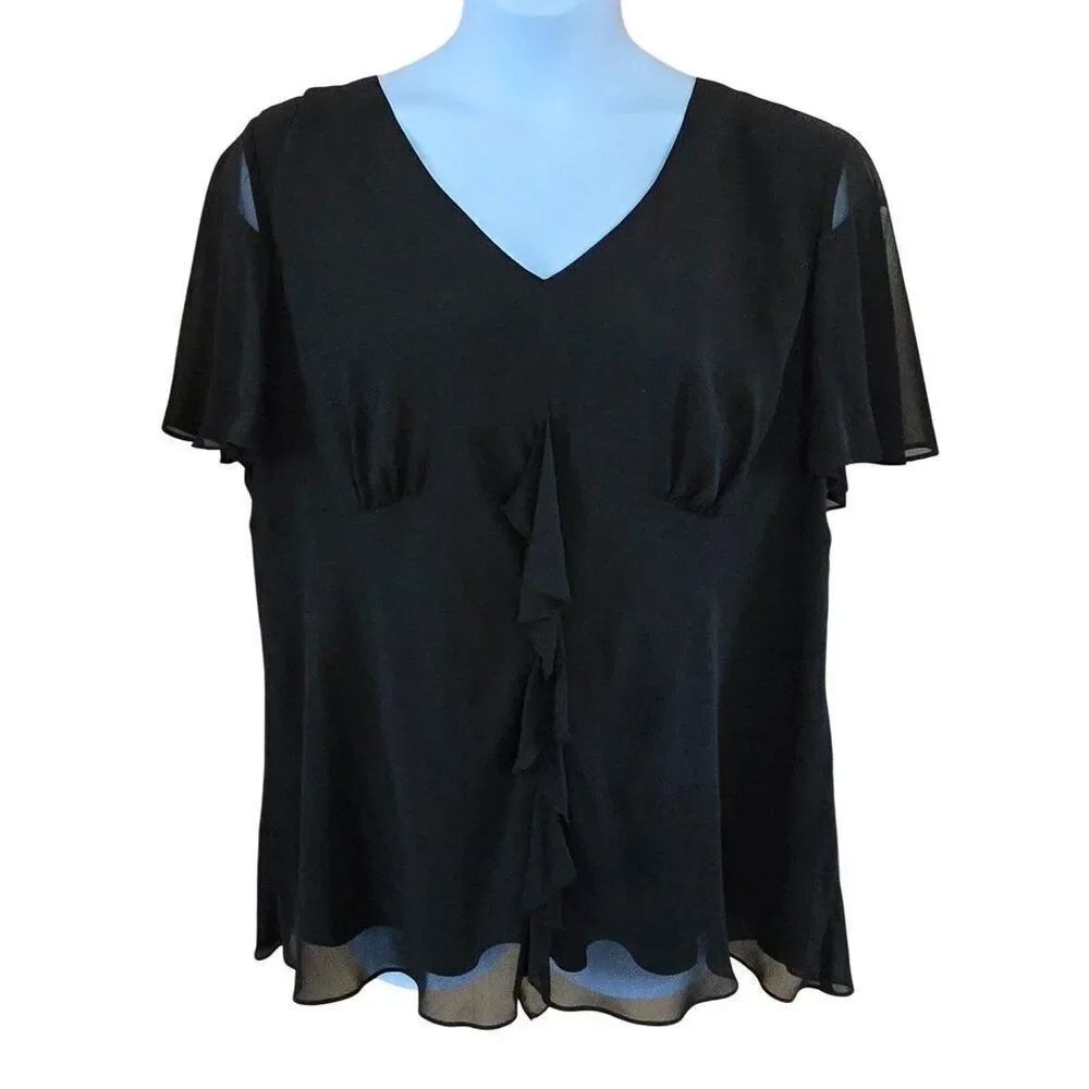 Black Ruffle-Front Blouse Peplum sweetheart neckline Sheer flutter sleeve goth